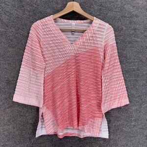 Whimsy Rose Blouse Women XS Pink Striped V-Neck 3/4 Sleeve Ruffle Pullover
